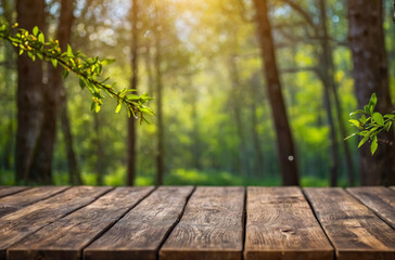 Naklejka na ściany i meble wooden table and spring forest background