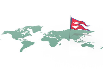 Mappa Terra con evidenziato la nazione Nepal e bandiera al vento © albasu