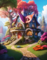 3D isometric illustration dream world of cute gnome royal house in a magical forest fairytale colorful kingdoms for comic book