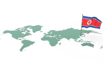 Mappa Terra con evidenziato la nazione North Korea e bandiera al vento © albasu