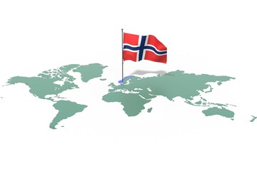 Mappa Terra con evidenziato la nazione Norway e bandiera al vento © albasu