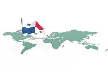 Mappa Terra con evidenziato la nazione Panama e bandiera al vento © albasu