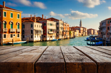 Fototapeta na wymiar wooden table and Venice city background
