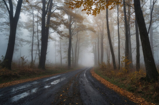 dirt road in the forest morning fog