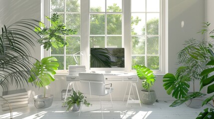 photograph of Modern sustainable green office workspace with desk and computer screen between green plants and large bright windows in a white room