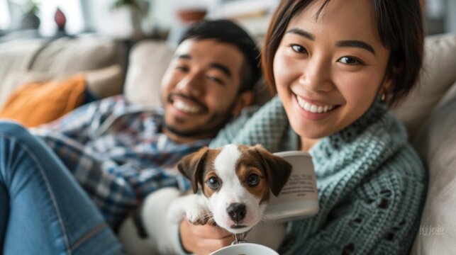 Smiling Asian woman in sweater holding coffee near American boyfriend playing with puppy at home