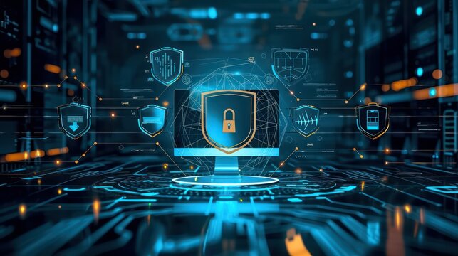 cybersecurity concept with a computer surrounded by shields and locks