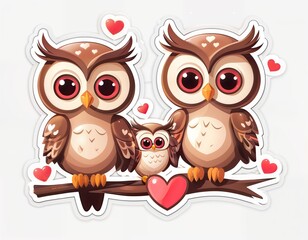 Fototapeta premium sticker with a family of three owls. The two adult owls are either side of their baby owl