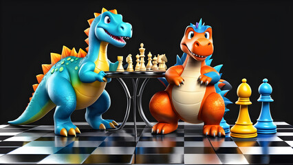 a cartoon character watercolor nursery style dinosaur engaging in strategic thinking and chess