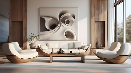 A modern living room with frames showcasing abstract sculptures, adding a touch of contemporary...