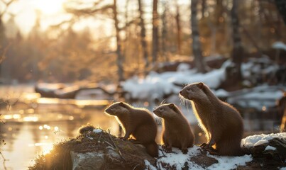 group of minks at the forest river bank with sunset .Generative AI
