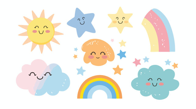 Sun cloud rainbow star icon set line. Cute cartoon