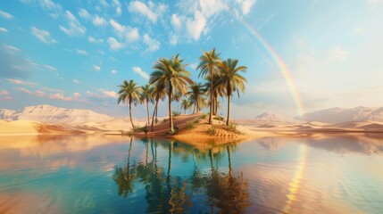 At the center of this oasis, a crystalline pool reflects the vivid hues of a magnificent rainbow that stretches across the azure sky,