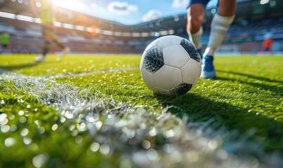 Professional football or soccer player in action on stadium with flashlights, kicking ball.Generative AI