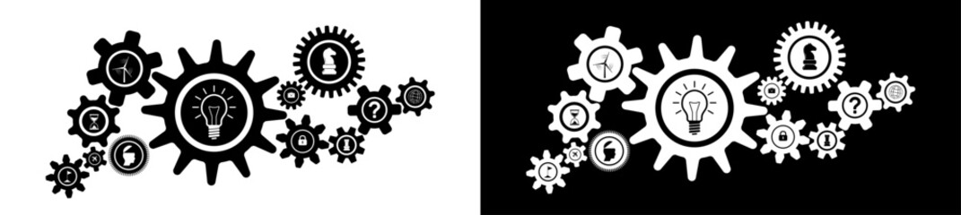 Business strategy concept black and white cogwheels set vector design with business concept icons. Gears set graphic to use for technology, business, teamwork, mechanics and engineering projects. 