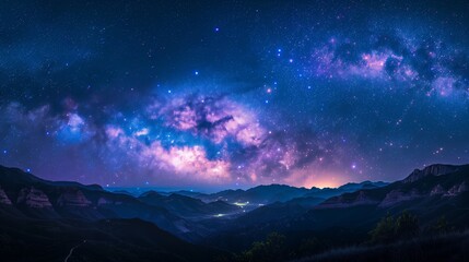 Naklejka premium A breathtaking panorama of the Milky Way galaxy stretched across the night sky, showcasing the vastness of space over a serene desert landscape.