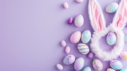 Easter concept. Top view photo of fluffy bunny ears and colorful easter eggs on isolated lilac background with copyspace