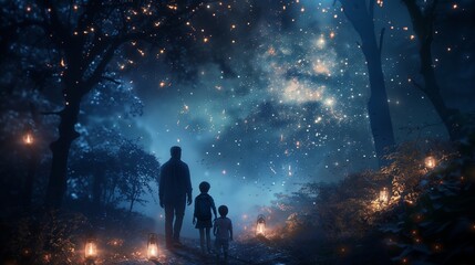 Obraz na płótnie Canvas Beneath a star-studded sky, a father and his children embark on a nocturnal adventure,