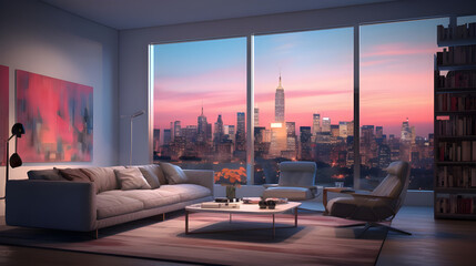  A modern living room with cityviews - obrazy, fototapety, plakaty
