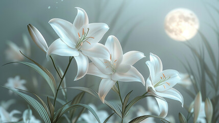 Delicate lilies swaying in a breeze of moonlight, ethereal and ephemeral. on transparent background.  