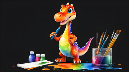 a cartoon character watercolor nursery style dinosaur taking part in art classes painting