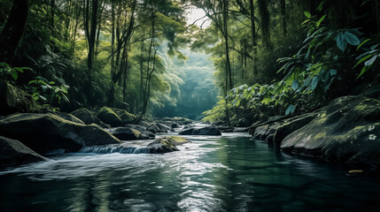 Paysage d'un forêt tropicale, avec arbres et rivière. Ambiance tropicale, humide, chaleur. Nature sauvage, rocher, végétation. Pour conception et création graphique.