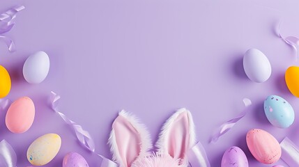 Easter concept. Top view photo of fluffy bunny ears and colorful easter eggs on isolated lilac background with copyspace