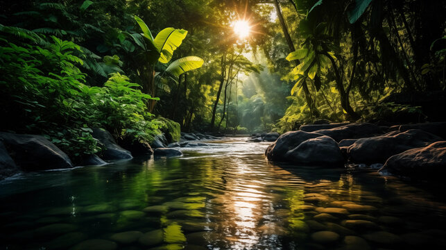 Paysage d'un for&ecirc;t tropicale, avec arbres et rivi&egrave;re. Ambiance tropicale, humide, chaleur. Nature sauvage, rocher, v&eacute;g&eacute;tation. Pour conception et cr&eacute;ation graphique.