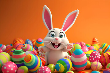 Cute white Easter bunny with colorful holiday eggs on an orange background