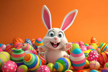 Fototapeta premium Cute white Easter bunny with colorful holiday eggs on an orange background