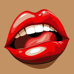 Lips with red lipstick, the tip of her tongue touching her white teeth. Vector illustration