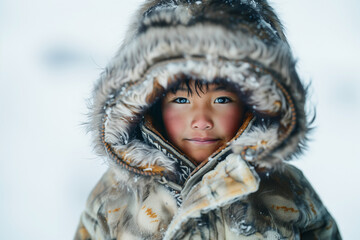 Portrait of an Eskimo boy in the Arctic snow, with parka hood. Medium long shot portrait, shallow depth of field.