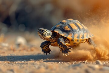 Fast turtle running at full speed in the desert big. AI-generated
