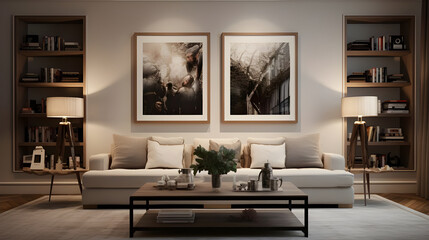 Fototapeta premium modern living room with white sofa and frames.
