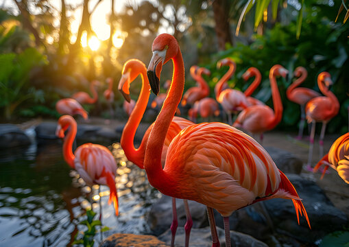  Flamingos at Sunset, A professional photograph capturing the serene beauty of a colony of vibrant pink flamingos against the backdrop of a tranquil sunset.