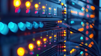 a server rack with blinking lights and cables for a professional IT setting