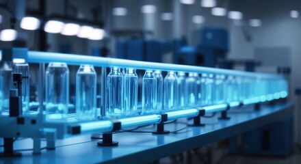 Blue glowing tube row in a laboratory for testing