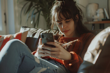 Young woman sitting on couch using cell phone