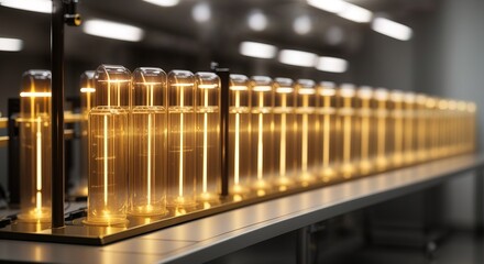 Gold glowing tube row in a laboratory for testing
