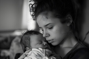 sad mother hug her baby at home