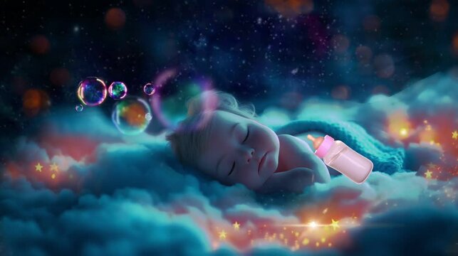 Lullaby For Babies video animation template looping Cute baby sleep at night on cloud with stars, for live wallpaper