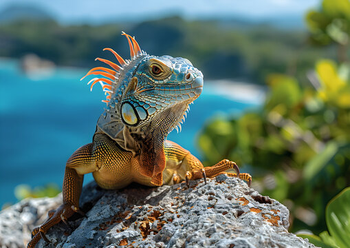 Iguana Majesty Amongst Tropical Flora, High-definition image showcasing a detailed iguana with spiny crest, bathing in sunlight atop a rock, surrounded by vibrant pink flowers and lush foliage.