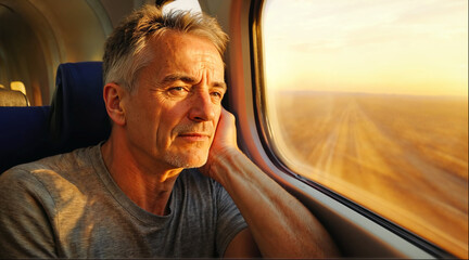 Mature man on a train. The scenery passes through the window