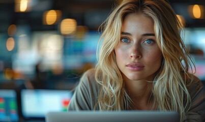 A female trader working on her computer, Financial Analysis on the background