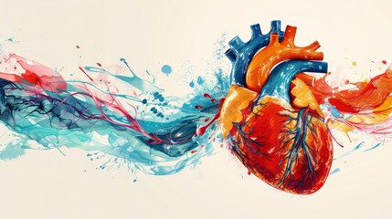 Obraz na płótnie Canvas A vibrant illustration of a human heart with dynamic colorful splashes representing energy and vitality.