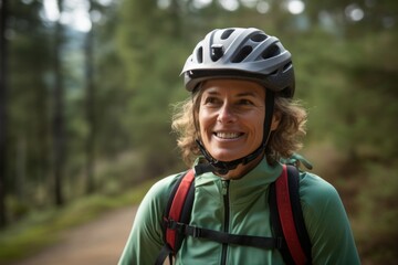 Portrait of smiling senior woman with bicycle helmet on a forest trail