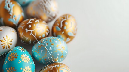 Frame background with gold and blue easter eggs with copy space for text