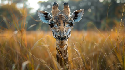 A giraffe's face up close, with its distinctive patterns and long eyelashes, peeking through the golden tall grass of the savannah.