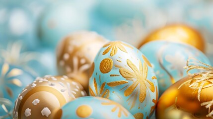 Obraz premium Frame background with gold and blue easter eggs with copy space for text