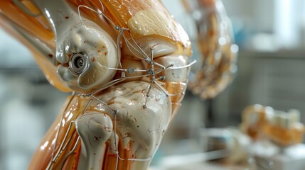 Detailed view of a knee joint model with a prosthesis showing the intricacy of orthopedic implants.